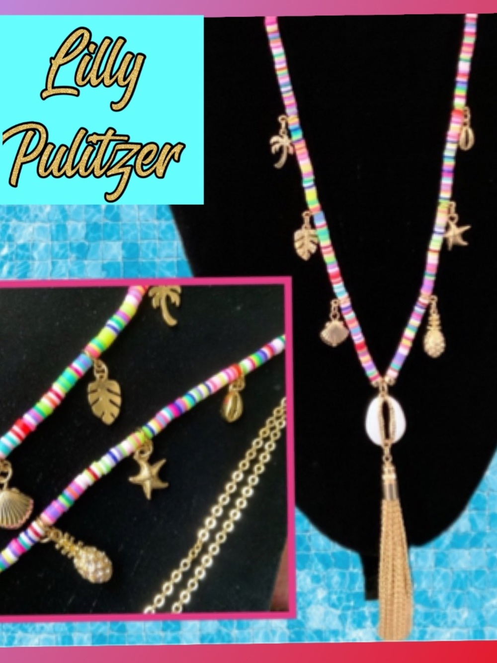 Lilly Pulitzer Necklace Colorful Beaded/Gold Tassel Charm Cowri Shell Accents